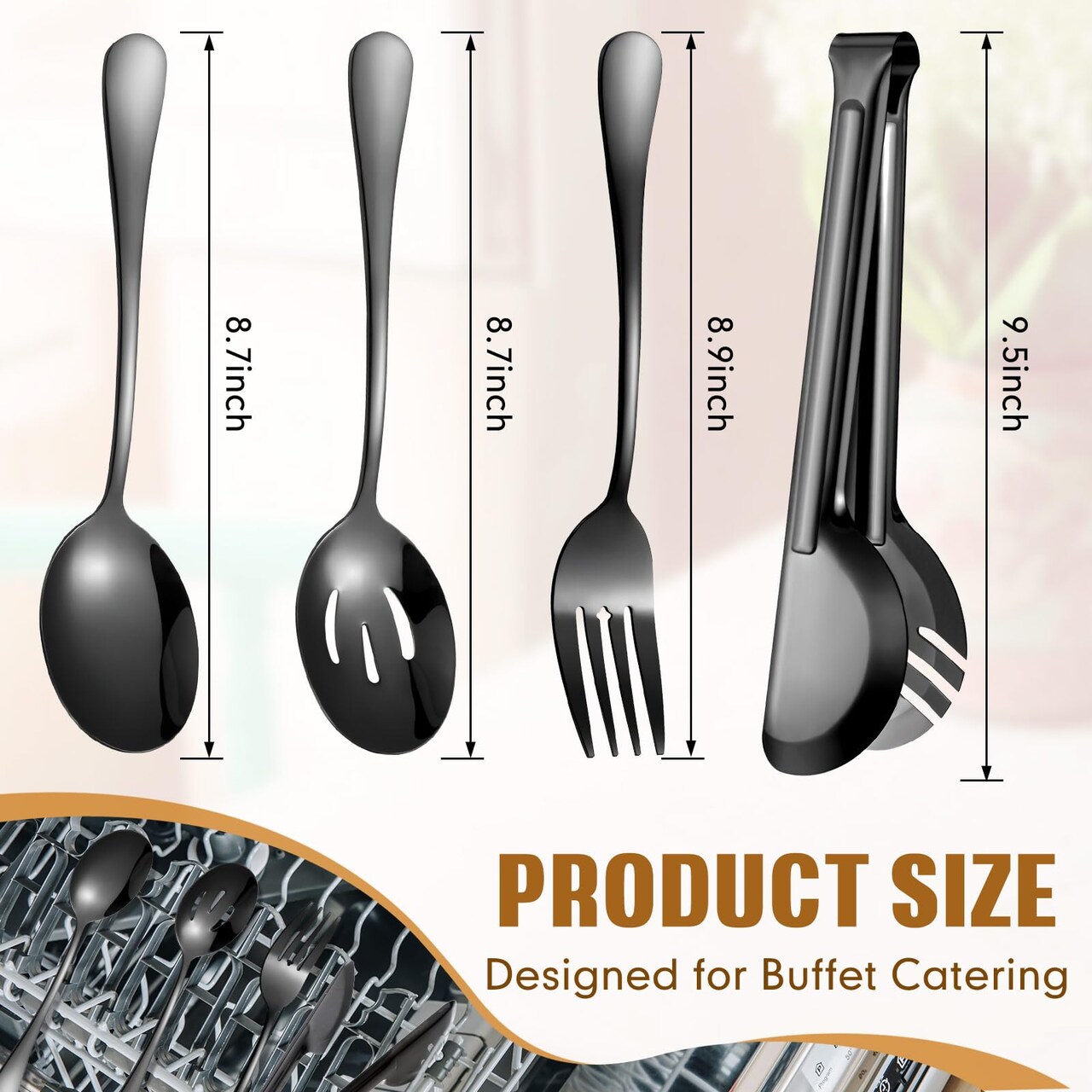 15 Pieces Stainless Steel Serving Utensils Large Serving Spoon Set 9.45 Inch Metal Tongs 9 Inch Serving Forks 8.7 Inch Slotted Spoons and Serving Spoon Kitchen Wedding Party (Black)